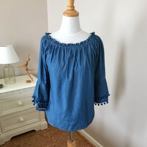Hester & Orchard Denim Chambray Pom-Pom Top